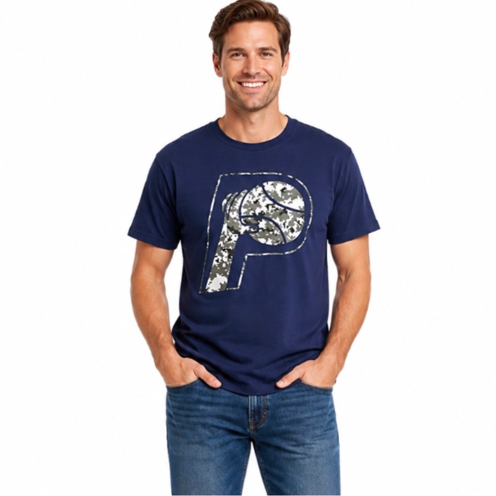 Indiana Pacers T Shirt Size Large Camouflage Camo Logo Blue '47 Brand 100 Cotton
